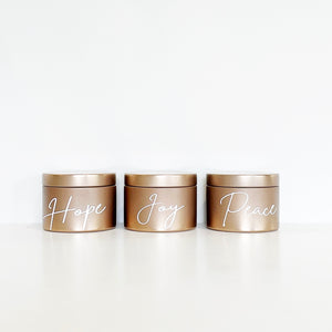 Copper/Rose gold Christmas ‘Hope-Joy-Peace’ candle tin set