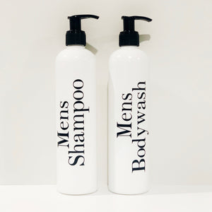 Men’s refillable shampoo and body wash refillable bottles duo.